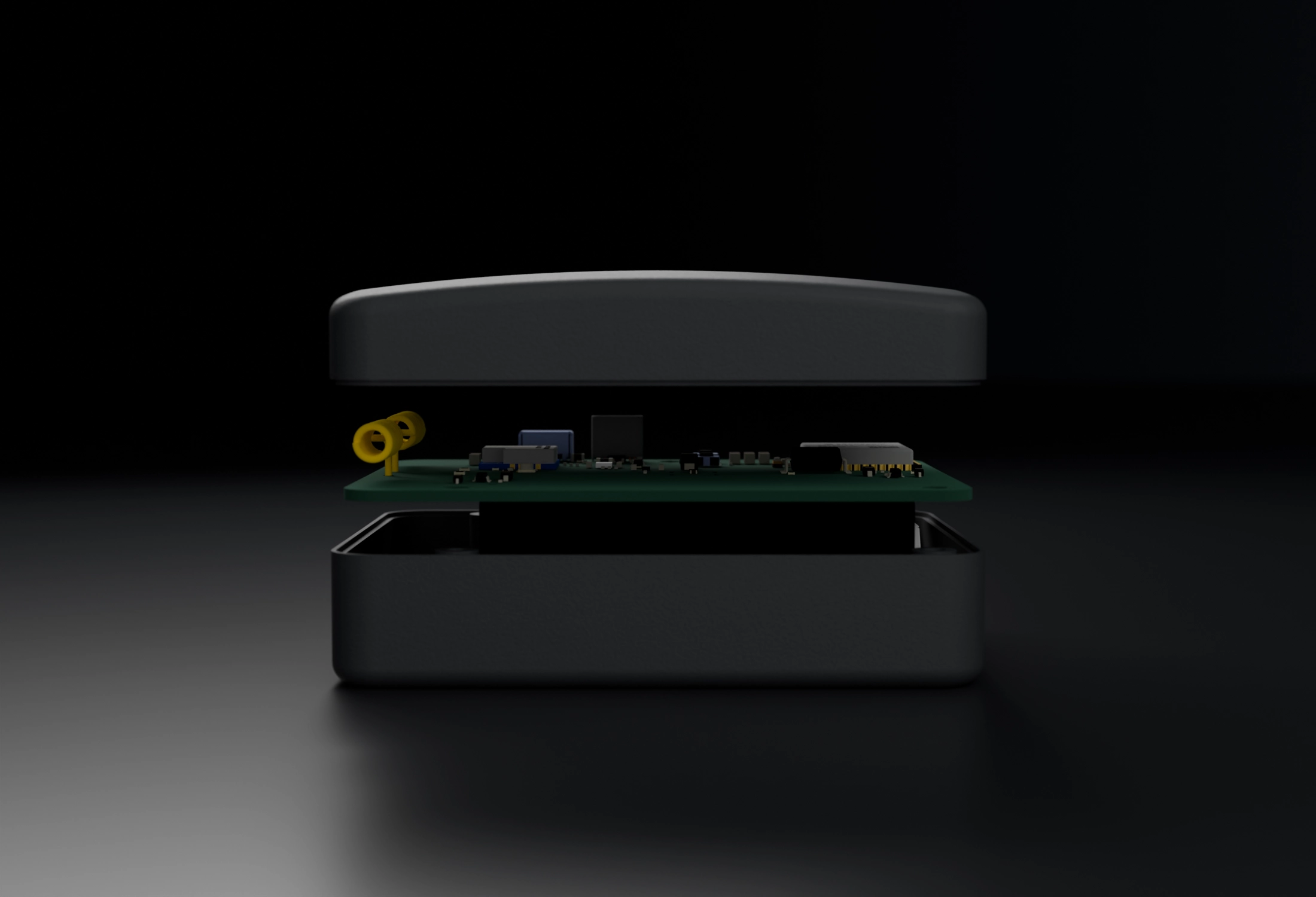 A CabinPulse add-on shown in three parts: the lid, the circuit board with its antenna, and the base